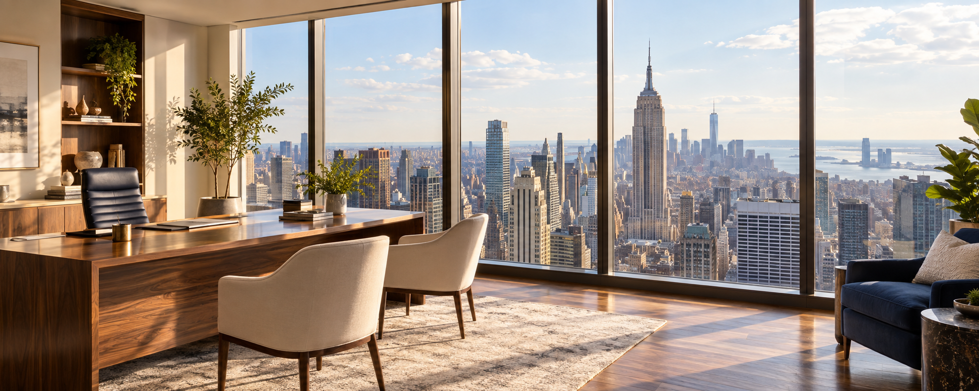 Original illustration of a sunlit high-rise office overlooking the New York City skyline.