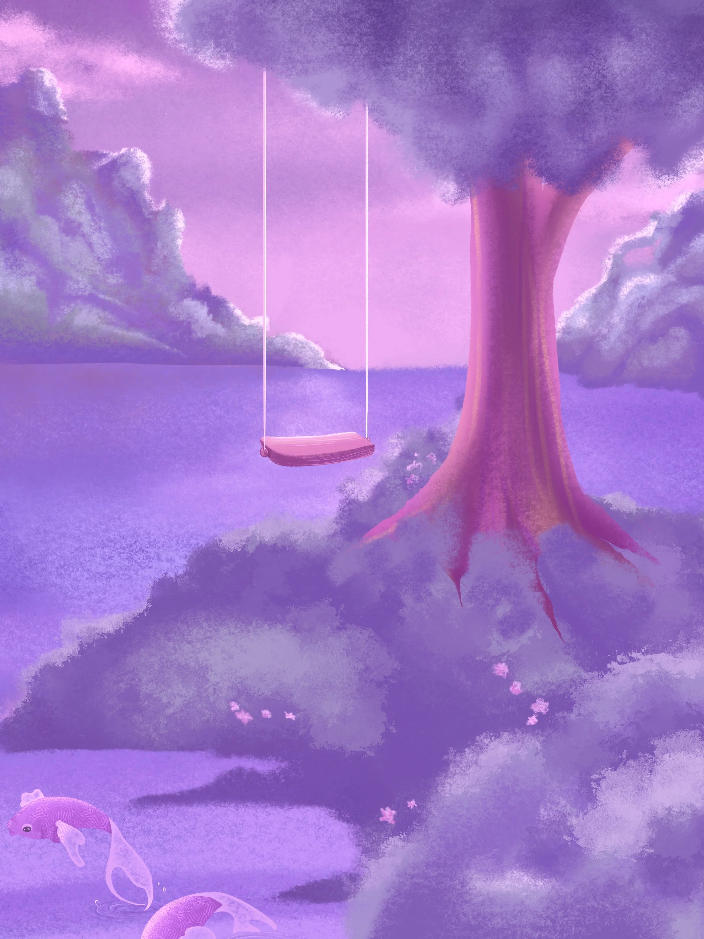 Colorful, cotton-candy-esc landscape. There's a swing hanging from a tree over a purple ocean with pink koi popping out of the sea.