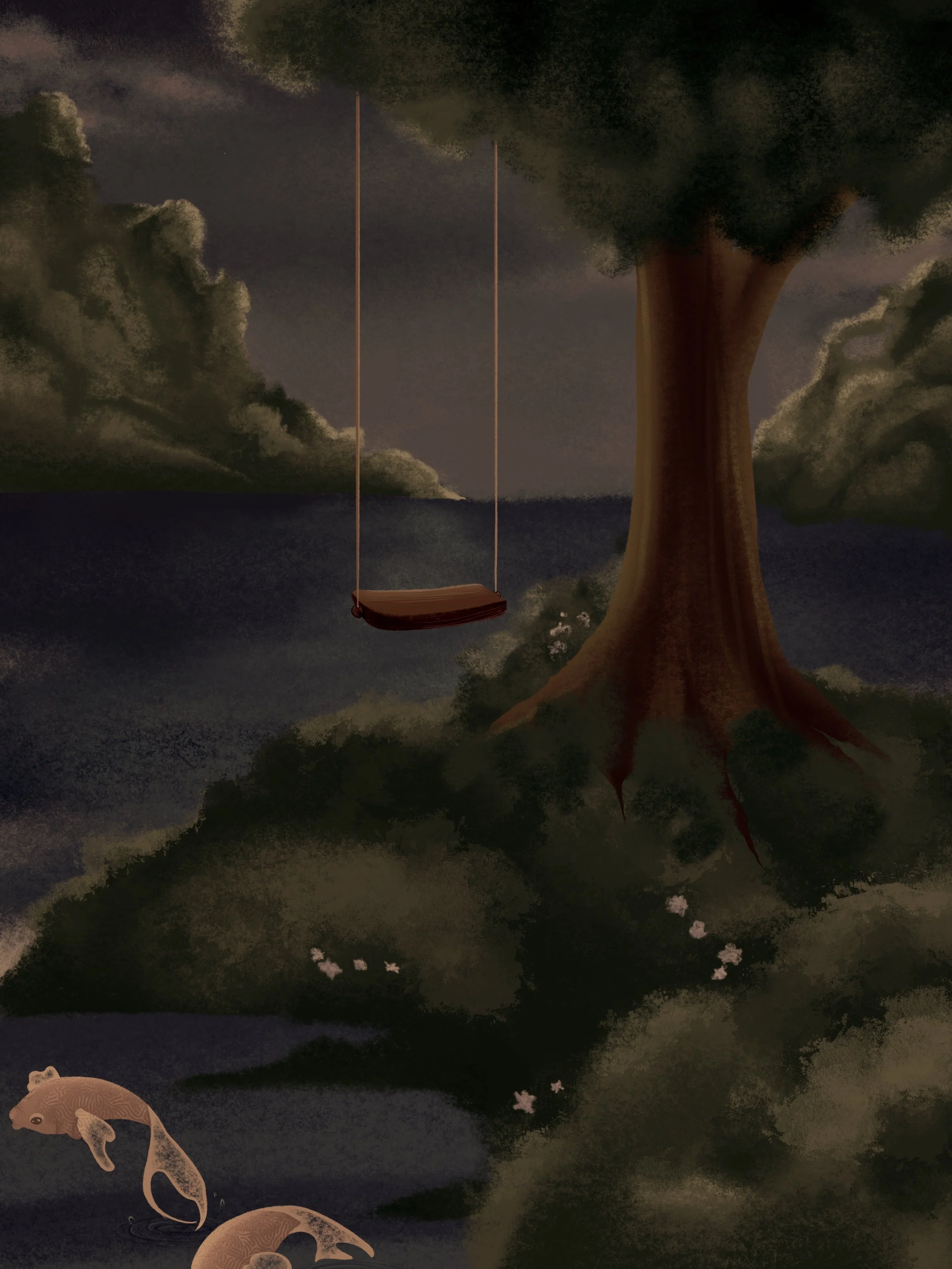 A dark, realistic landscape, with a swing hanging from a tree and white koi popping out of the sea around it.