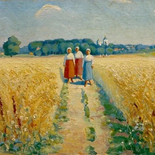 Three women in old-fashioned dresses and head coverings walking down a dirt path through a wheat field, with a distant church and trees in the background under a partly cloudy sky.