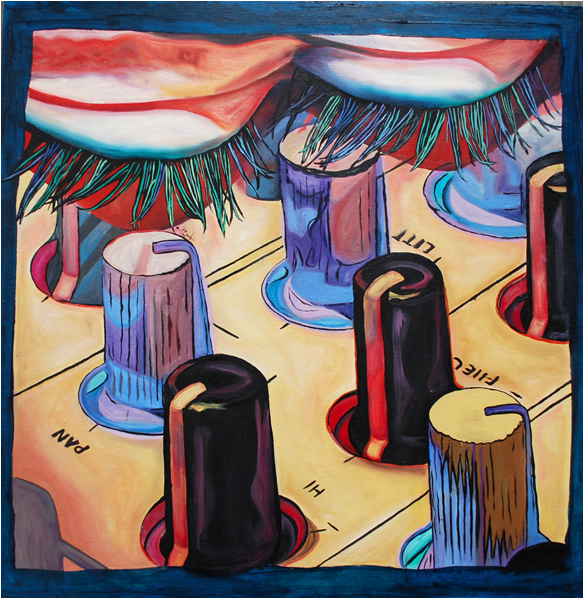 Lashes and Buttons, oil on panel, 24″ x 24″, 2010