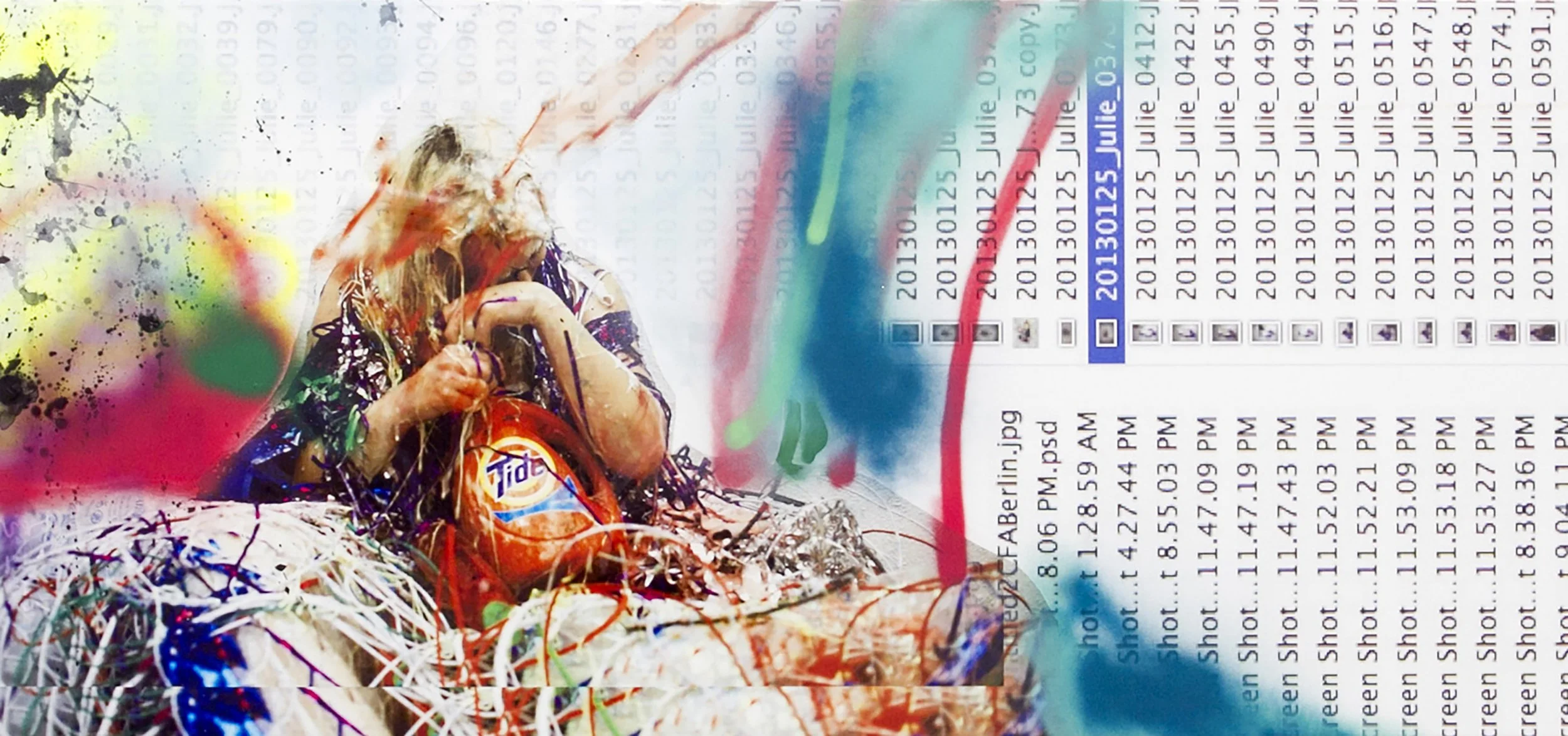 Influx, mylar print, acrylic, spray paint on canvas, 30″ x 48″, 2013
