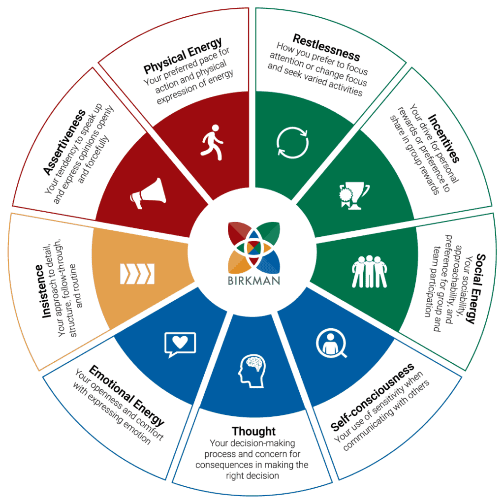 A circular diagram illustrating different types of personal energy and traits, including Physical Energy, Restlessness, Inactiveness, Social Energy, Self-consciousness, Thought, Emotional Energy, and Assertiveness, with descriptions for each.