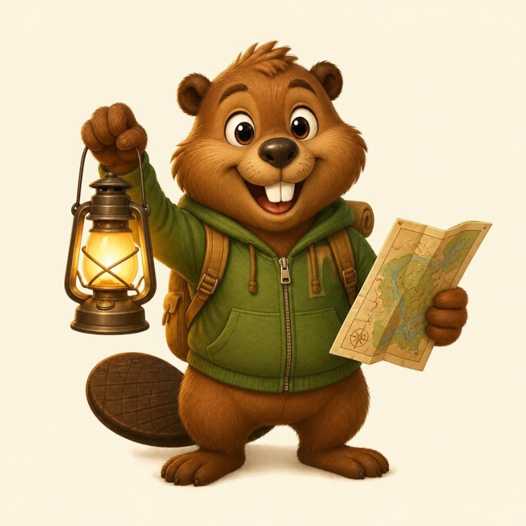 Cartoon beaver with a backpack holding a lantern and a map