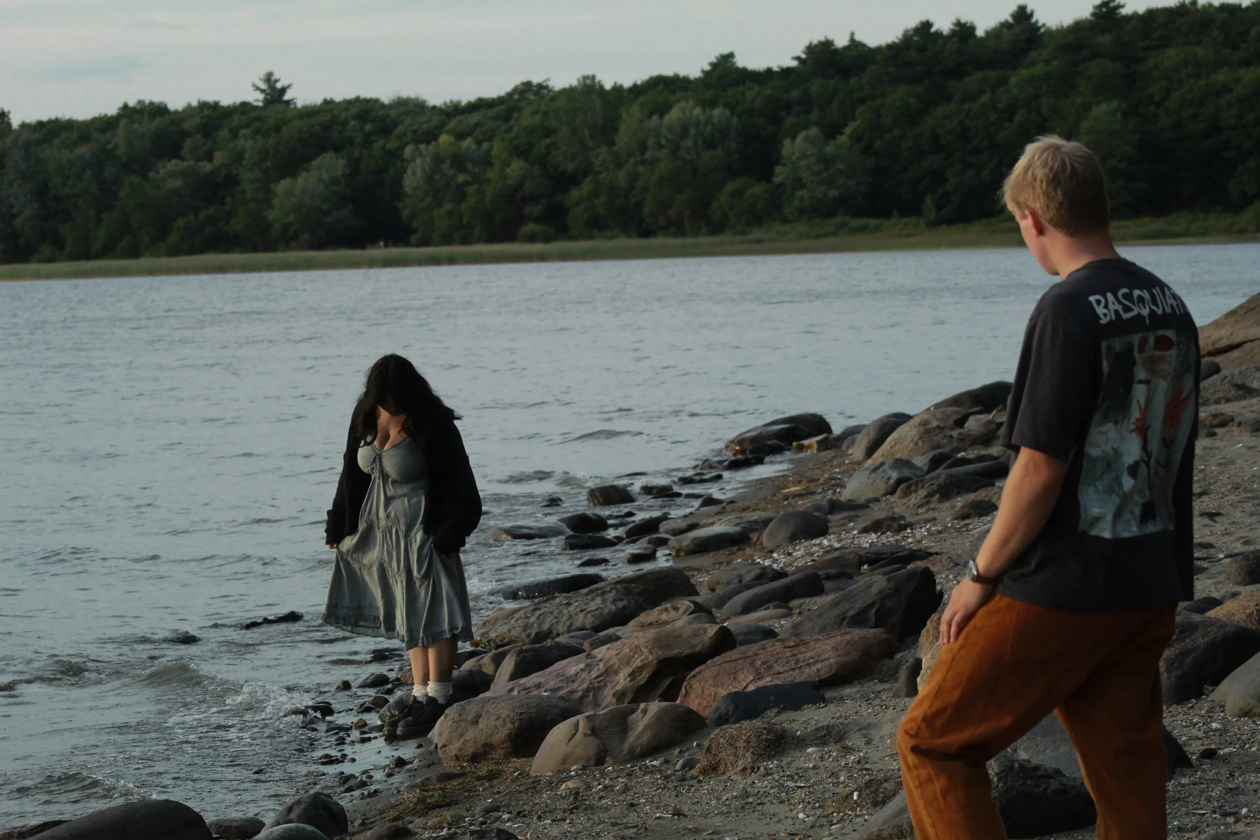 Two people standing on a rocky shoreline by the water, with a dense forest in the background. One person is a woman with long dark hair, wearing a gray dress and black jacket, looking down at the water. The other person is a man with blond hair, wear