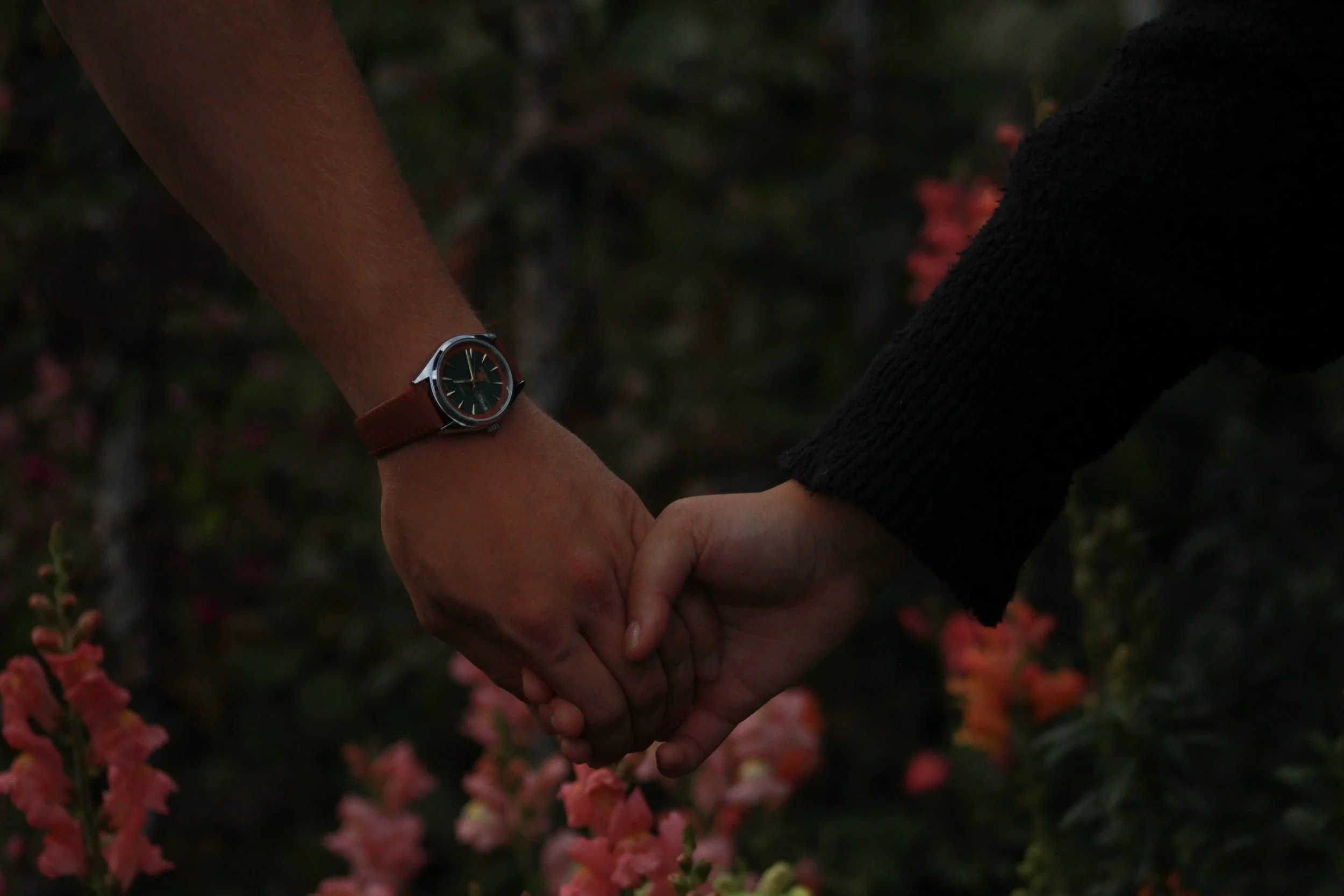 Two people holding hands outdoors, one wearing a watch with a round face and a leather strap. The background includes pink flowers and green foliage.