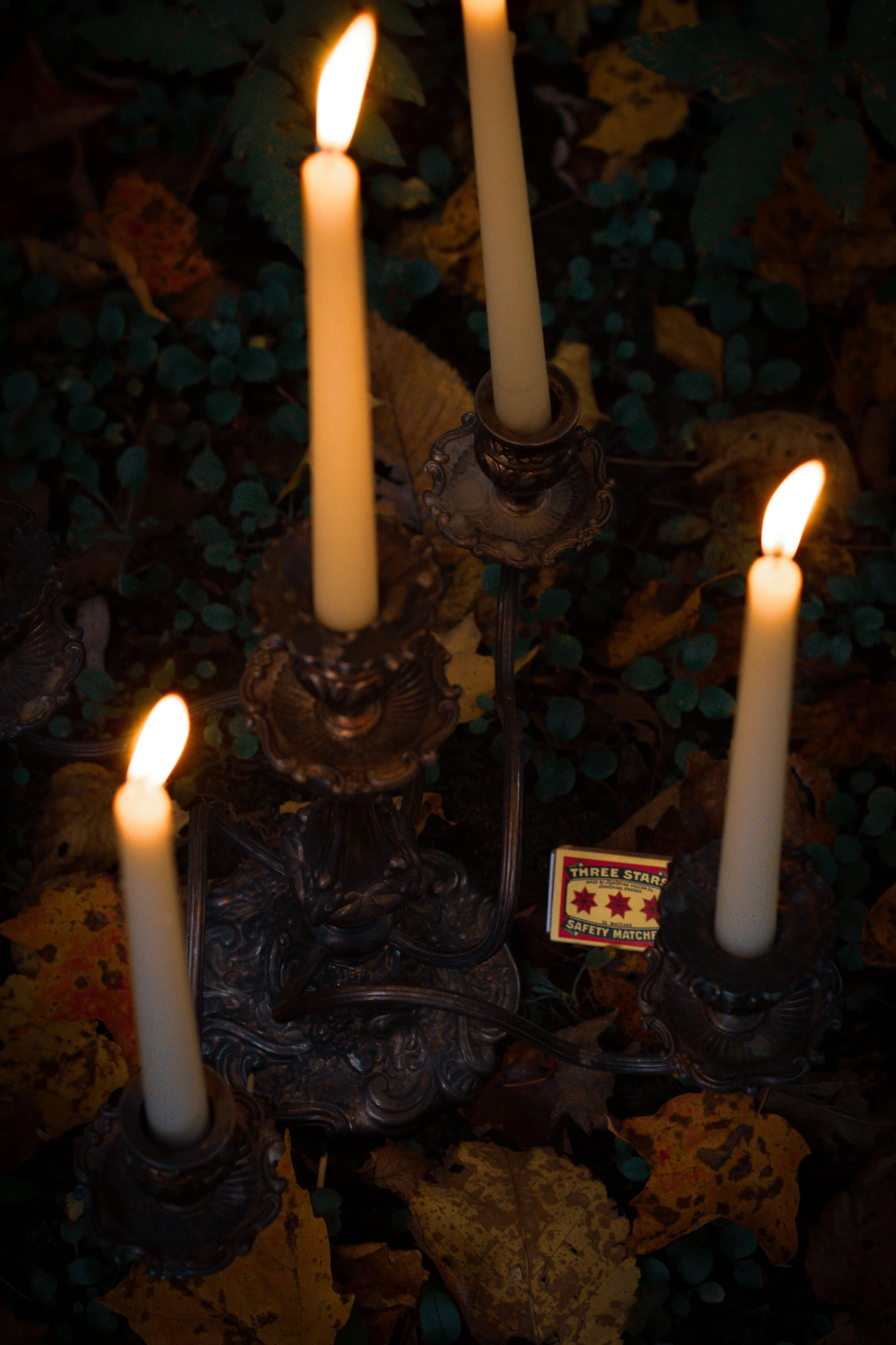 Four lit white candles in ornate silver candle holders on a table with fallen autumn leaves and greenish-blue berries.