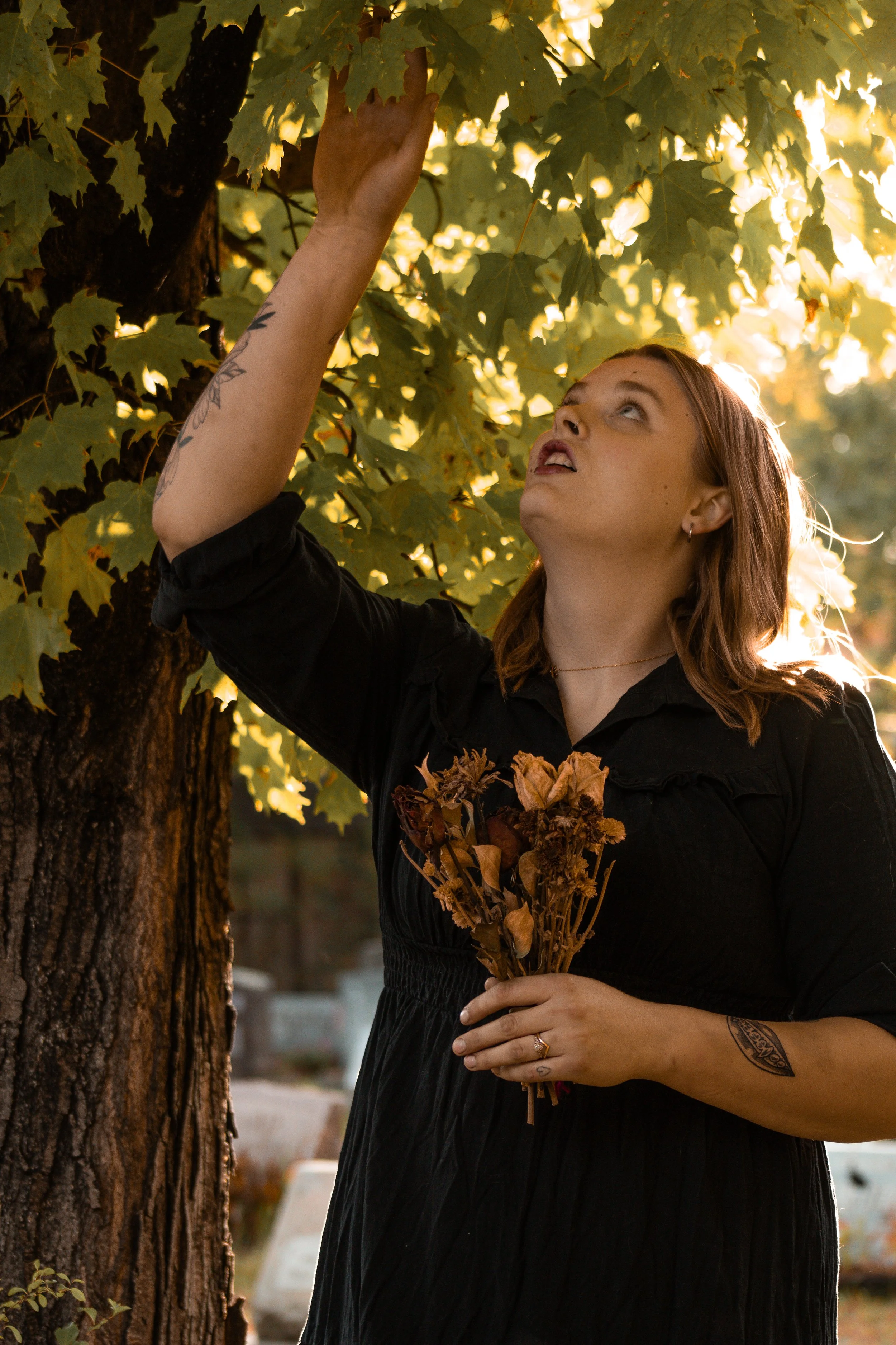 A woman with brown hair and tattoos on her arm is reaching up to touch the leaves of a tree in an outdoor setting during late afternoon or early evening, holding a bouquet of dried flowers.