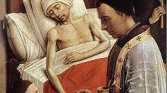 A painting of a young man lying on a bed with an IV in his arm, while a woman kneels beside him.