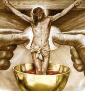A painting of Jesus Christ on the cross, with two large hands holding a golden bowl below, symbolically supporting or offering.
