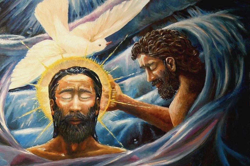 Painting of Jesus Christ with a glowing halo and a bird flying above. Jesus has a beard and long hair, with a calm expression. The figure beside him appears to be praying or blessing him, with similar hair and beard, surrounded by swirling colors.