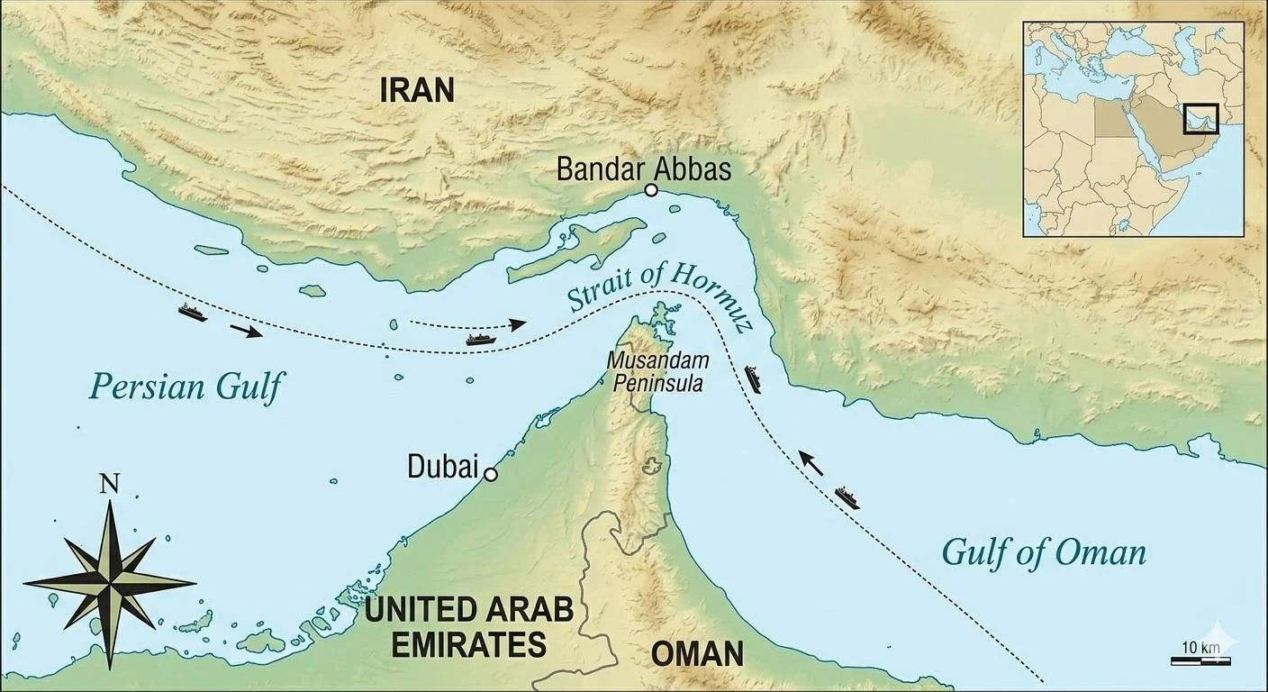 Map showing the Strait of Hormuz between Iran and Oman, connecting the Persian Gulf with the Gulf of Oman.