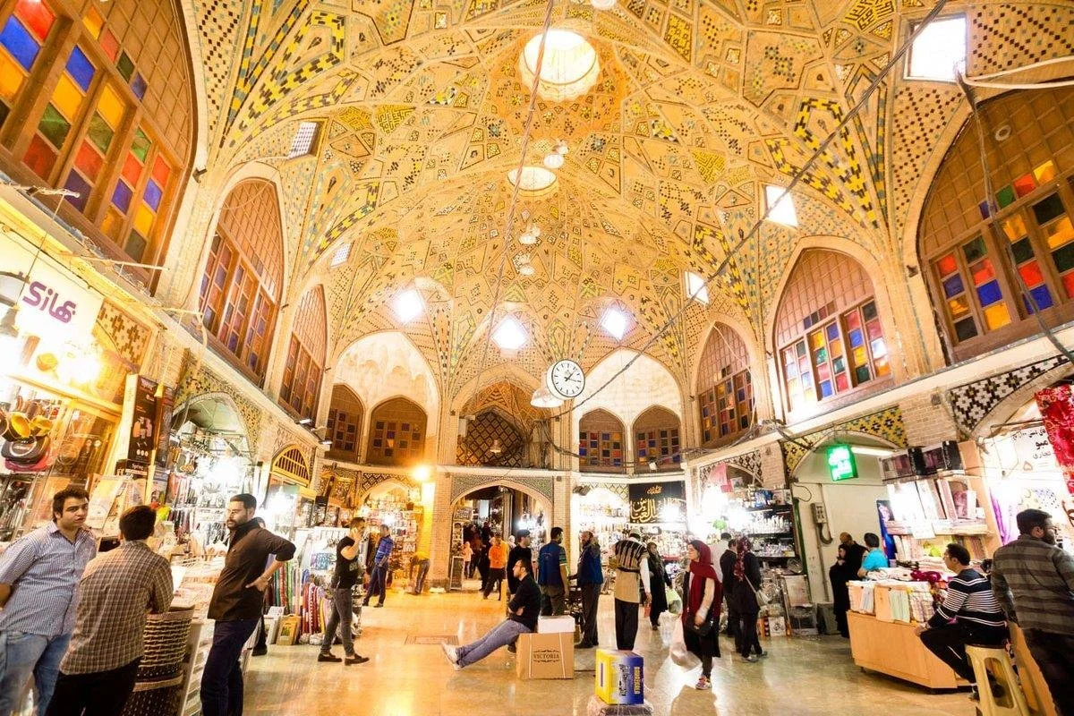 Interior of Tehran's Grand Bazaar, a major traditional marketplace in Iran, photographed in 2019.