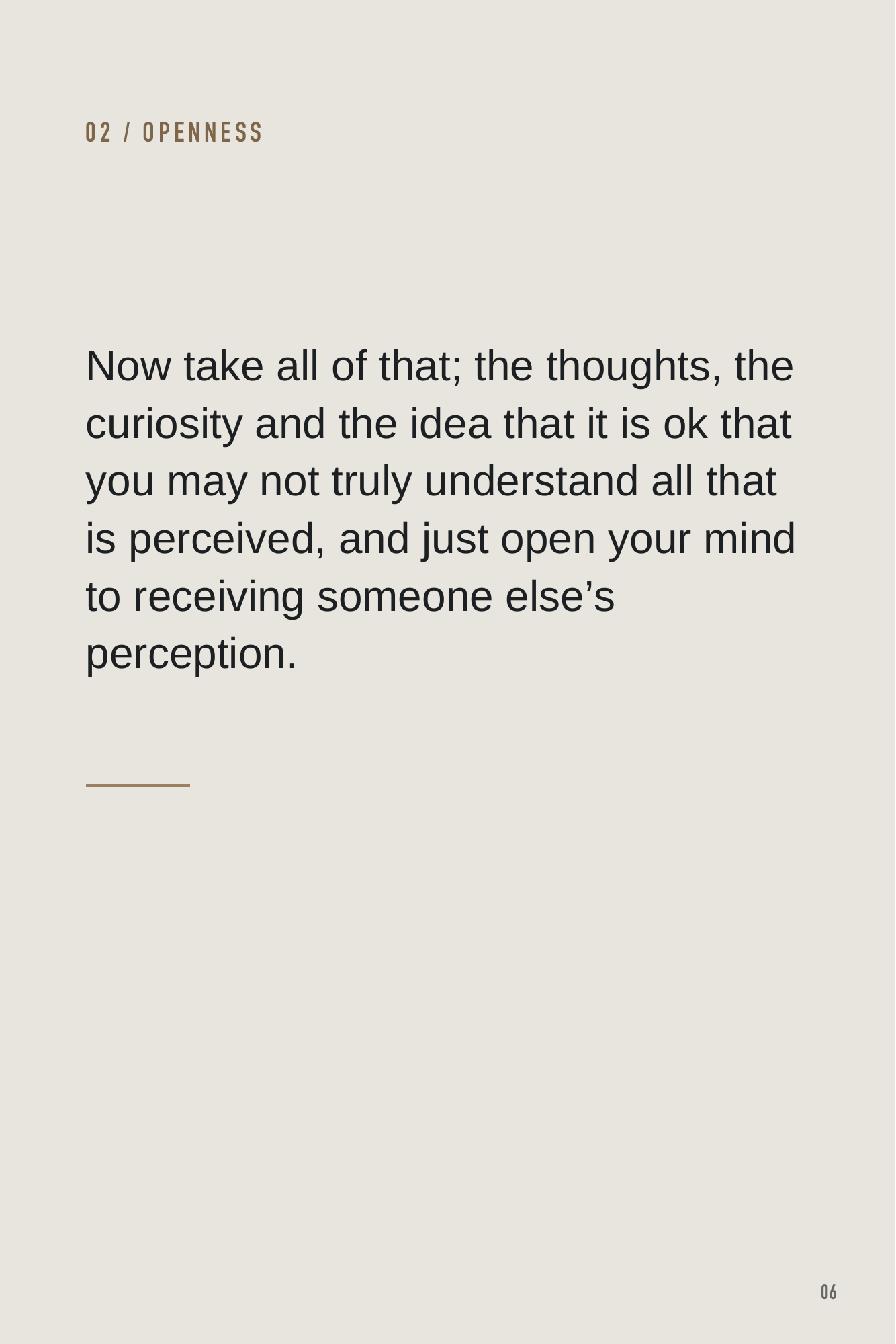 Presence, page 6. OPENNESS: white poetry on black, inviting us to receive another person’s perception. The complete passage is available through Read the words.