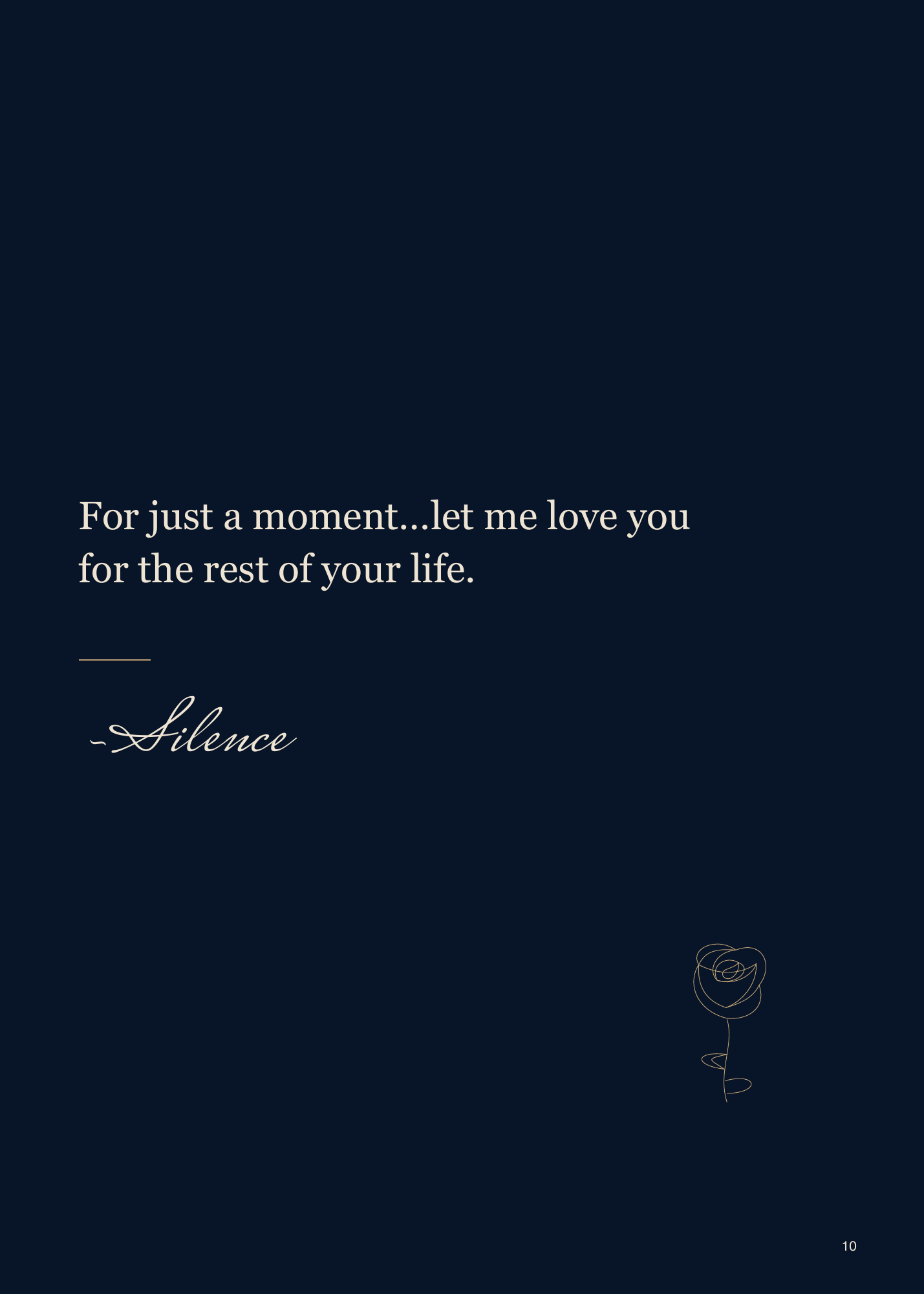After Dark, page 10. The poem closes with a promise of lasting love. Page text: For just a moment…let me love you for the rest of your life. ~Silence