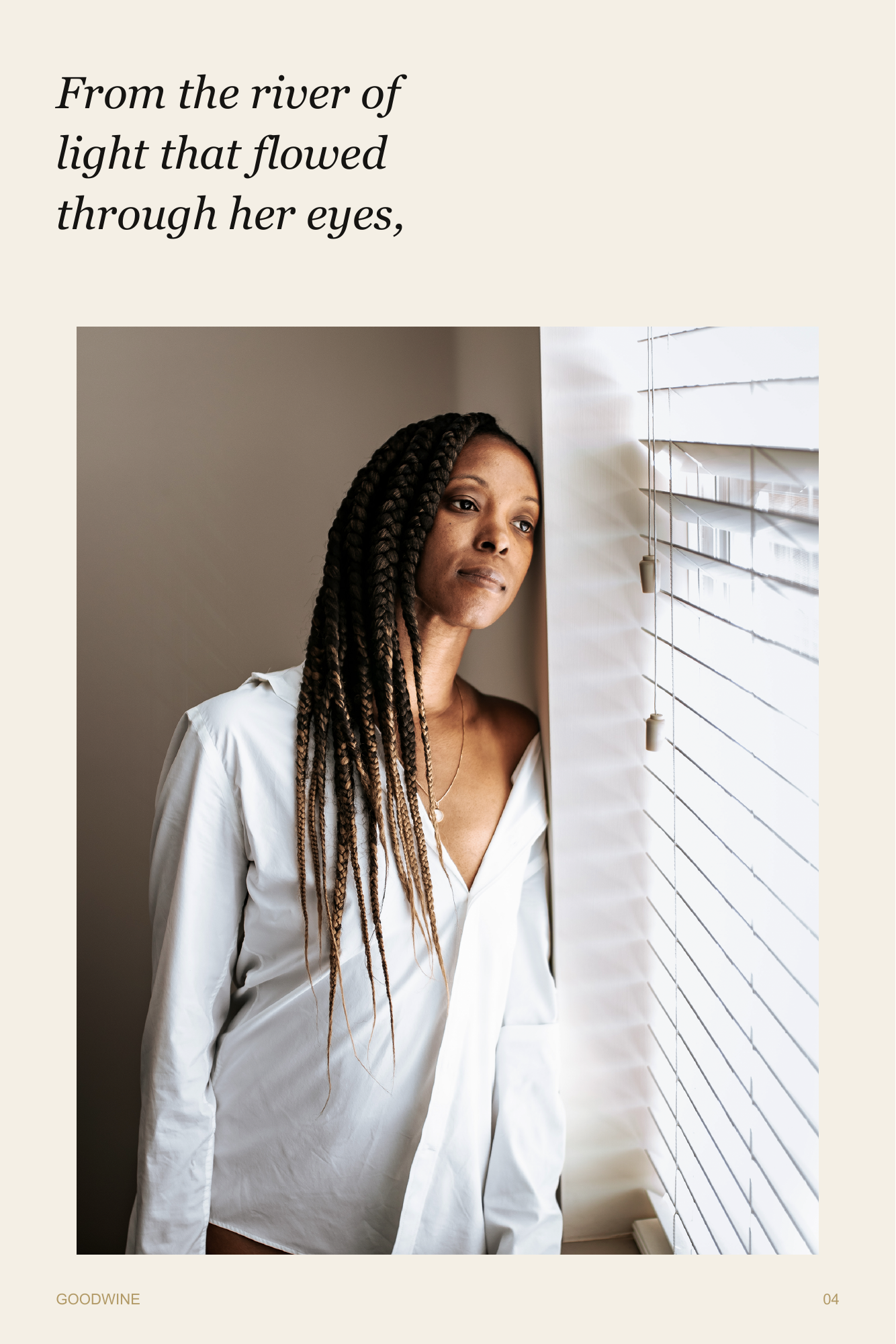 Page 4. A warm window portrait. Poetry: From the river of light that flowed through her eyes,