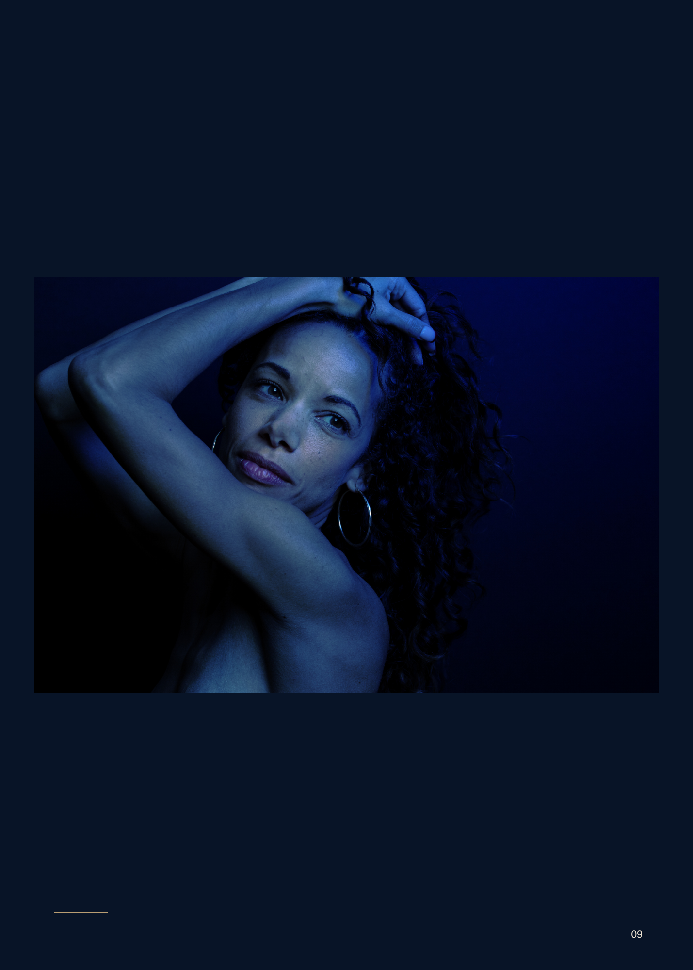 After Dark, page 9. An arm lifted behind her head brings movement to the blue-lit portrait.