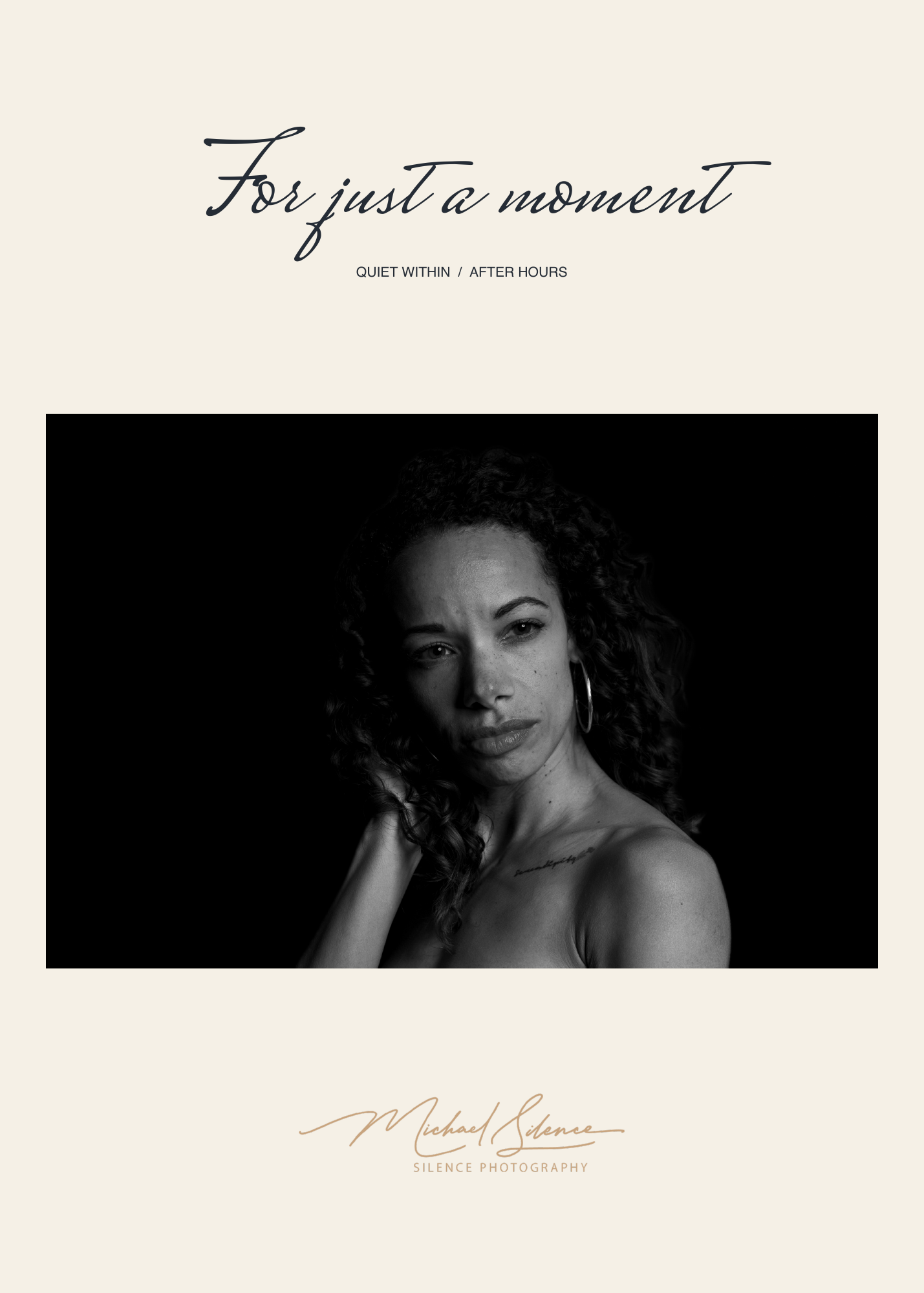 After Dark, page 1. A quiet monochrome portrait opens For just a moment. Page text: For just a moment QUIET WITHIN  /  AFTER HOURS