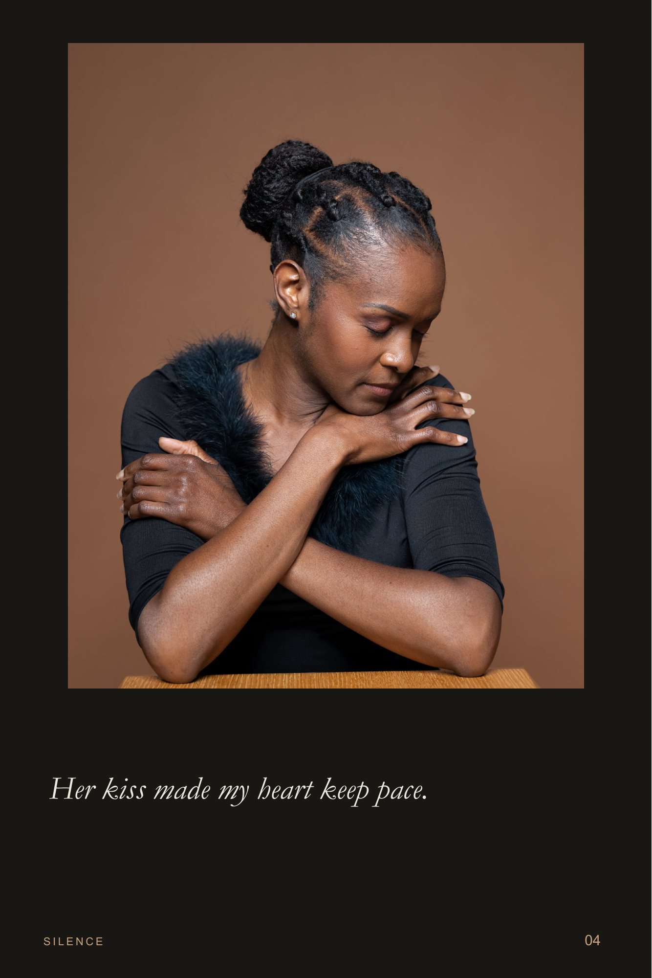 Strength In Grace, page 4. She lowers her gaze in a reflective, intimate gesture. Page text: Her kiss made my heart keep pace.