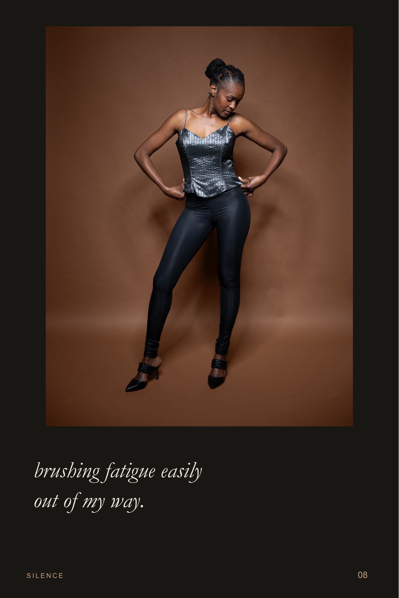 Strength In Grace, page 8. A softly bent knee brings movement to her silver-corset portrait. Page text: brushing fatigue easily out of my way.