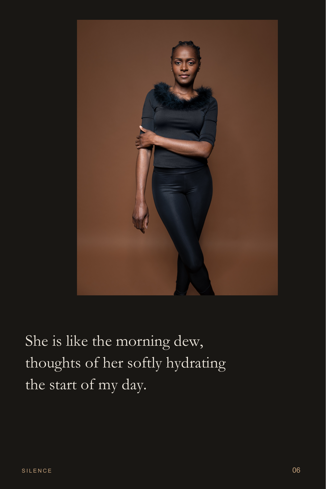 Strength In Grace, page 6. A calm full-length portrait settles into the morning verse. Page text: She is like the morning dew, thoughts of her softly hydrating the start of my day.