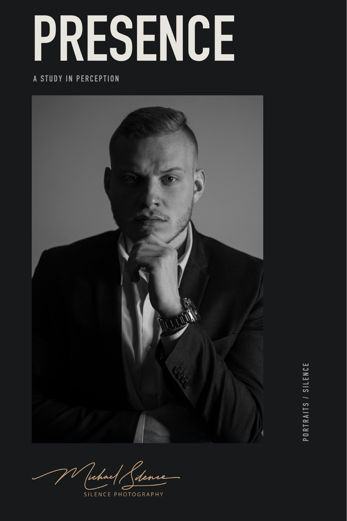Presence, page 1. His steady gaze opens Presence: A Study in Perception. Page text: PRESENCE A STUDY IN PERCEPTION PORTRAITS / SILENCE