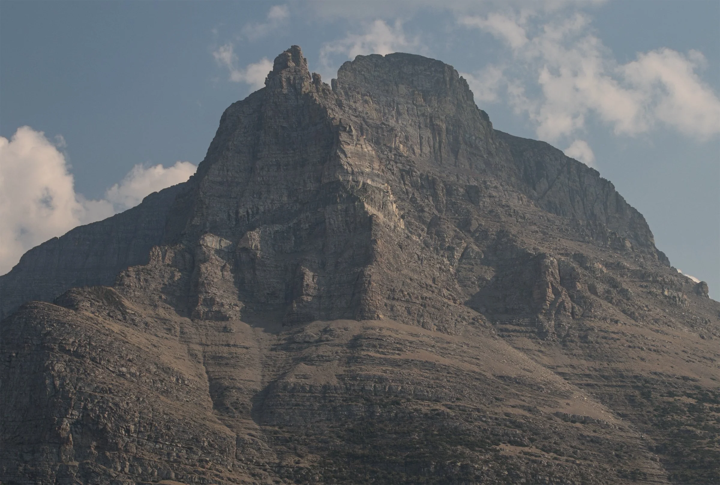 A sheer mountain face rises above forest, its weathered folds catching the light. Stone beyond the scale of a single glance.