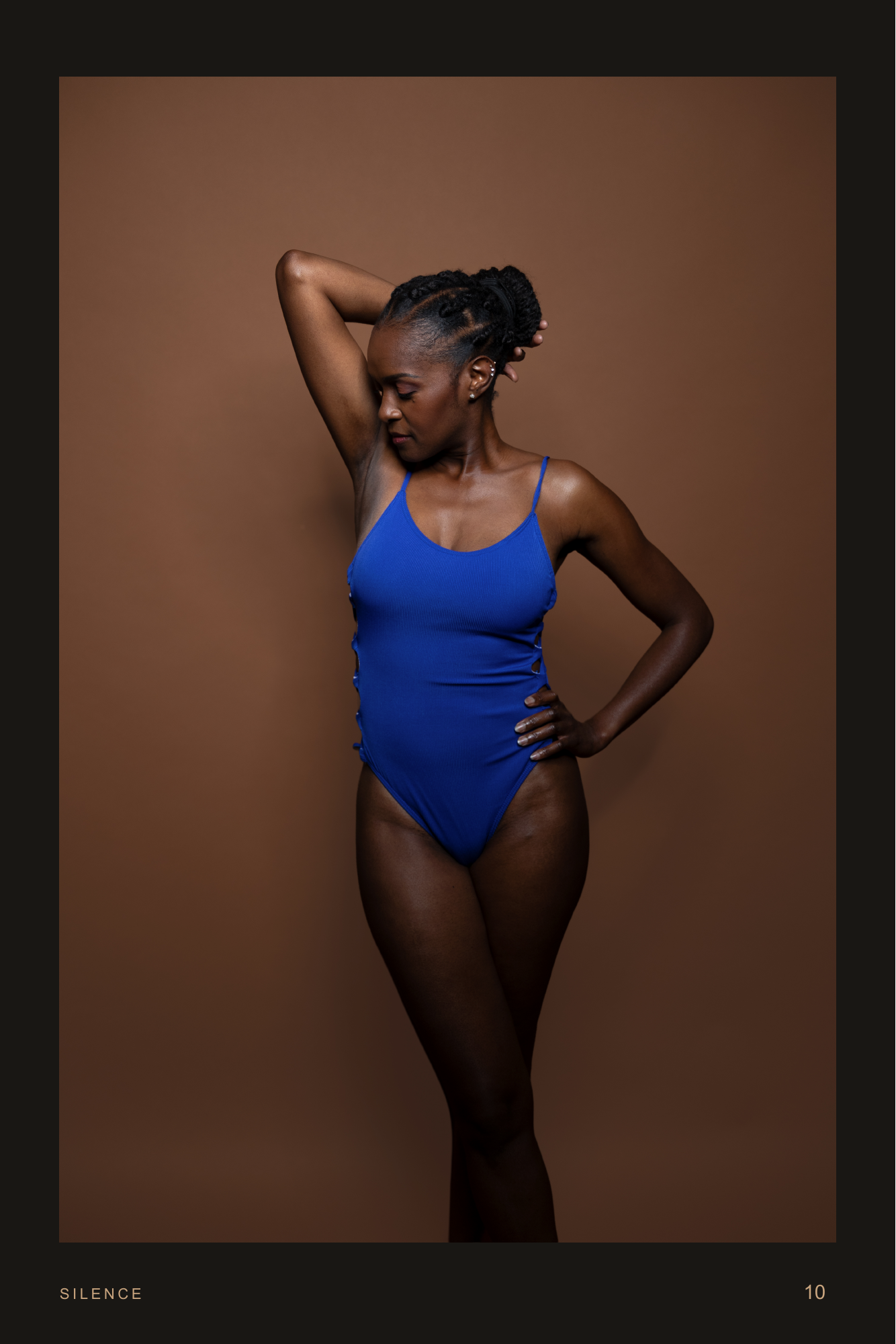 Strength In Grace, page 10. A raised arm brings a sculptural line to the blue-bodysuit portrait.