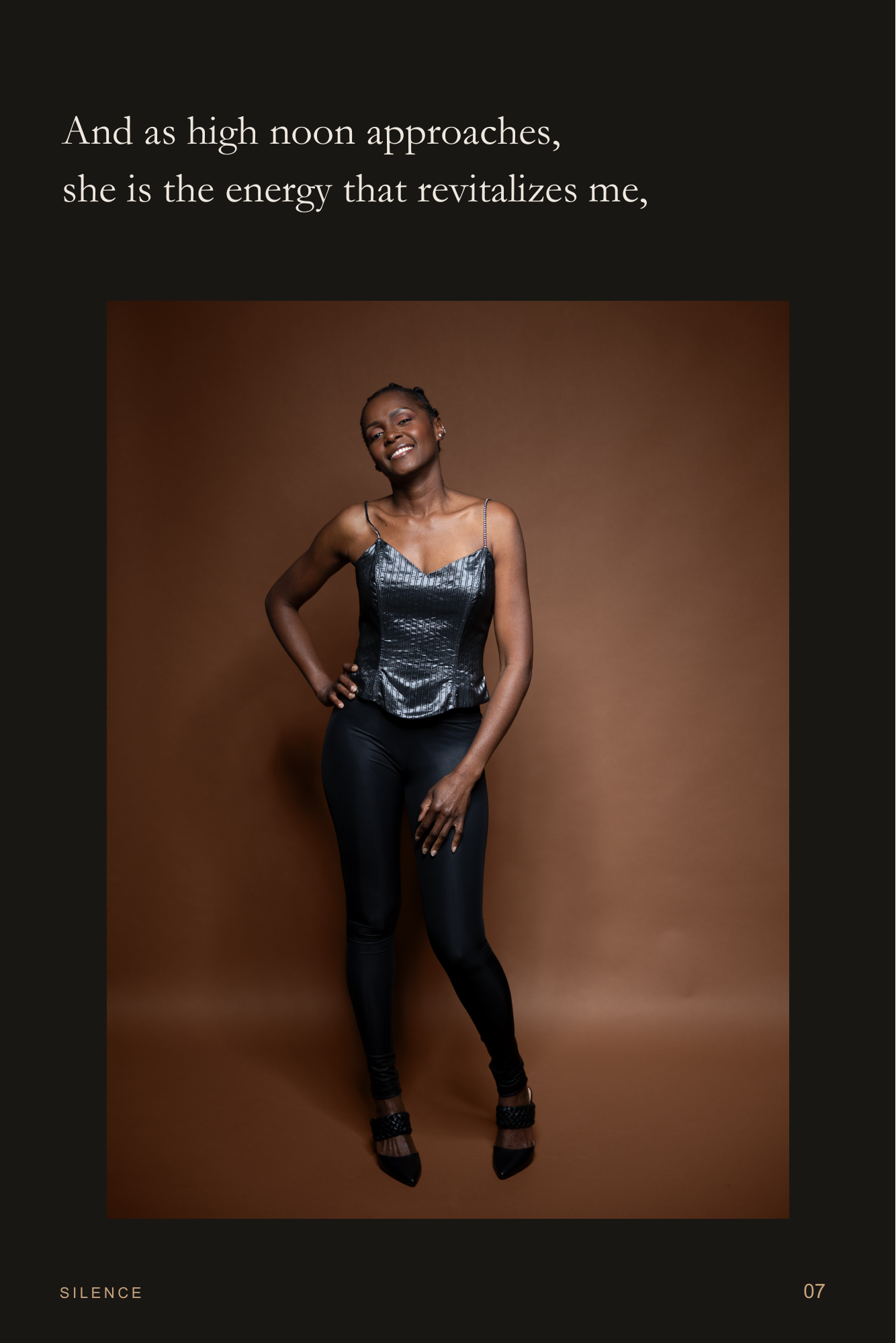 Strength In Grace, page 7. Her smile opens the frame and lifts the poem’s energy. Page text: And as high noon approaches, she is the energy that revitalizes me,