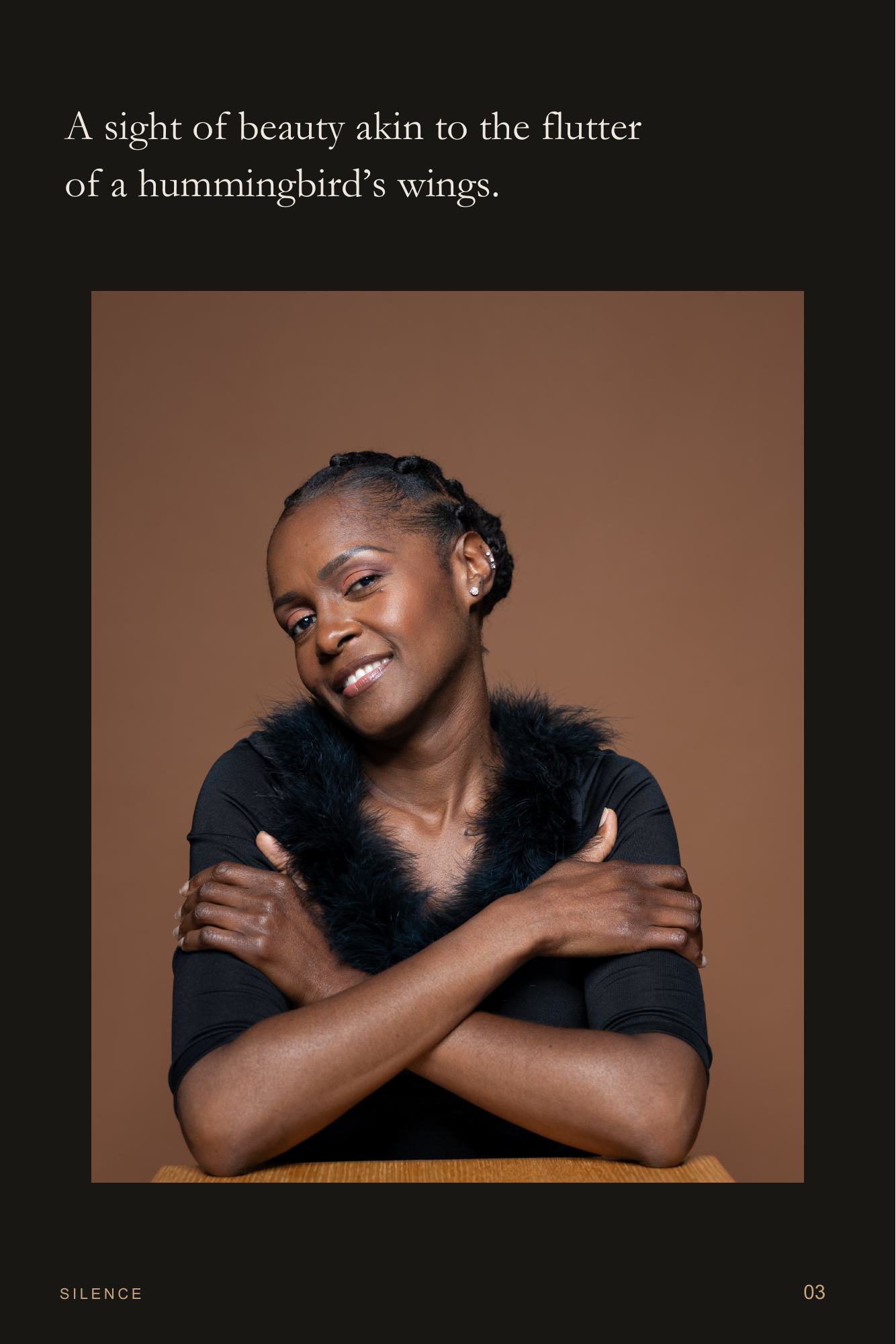 Strength In Grace, page 3. A gentle smile softens her folded-arm pose. Page text: A sight of beauty akin to the flutter of a hummingbird’s wings.