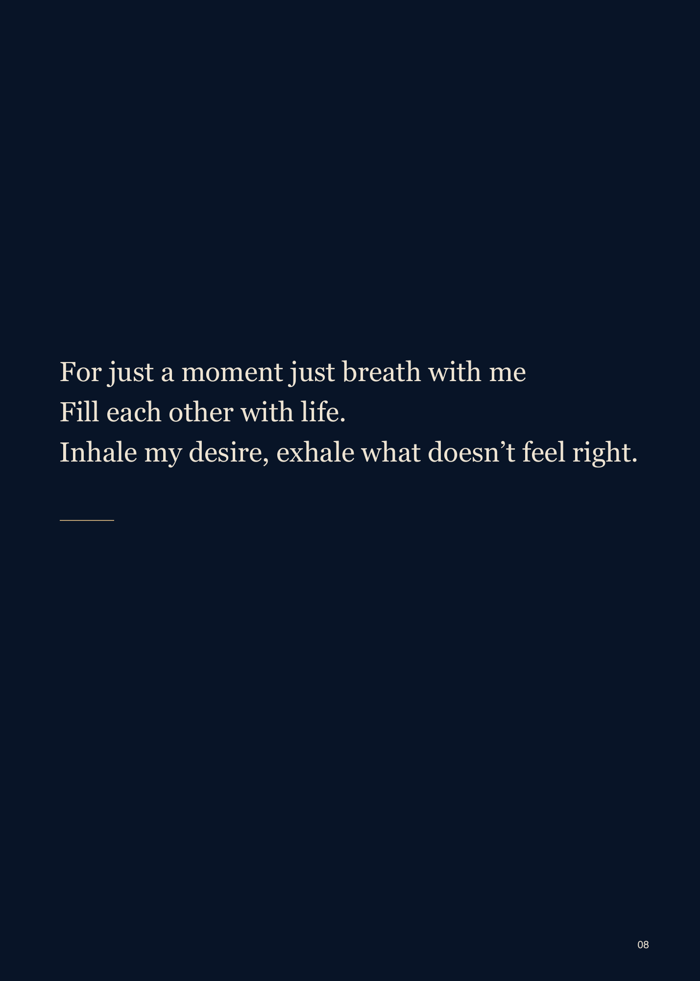 After Dark, page 8. An invitation to breathe together against midnight blue. Page text: For just a moment just breath with me Fill each other with life. Inhale my desire, exhale what doesn’t feel right.
