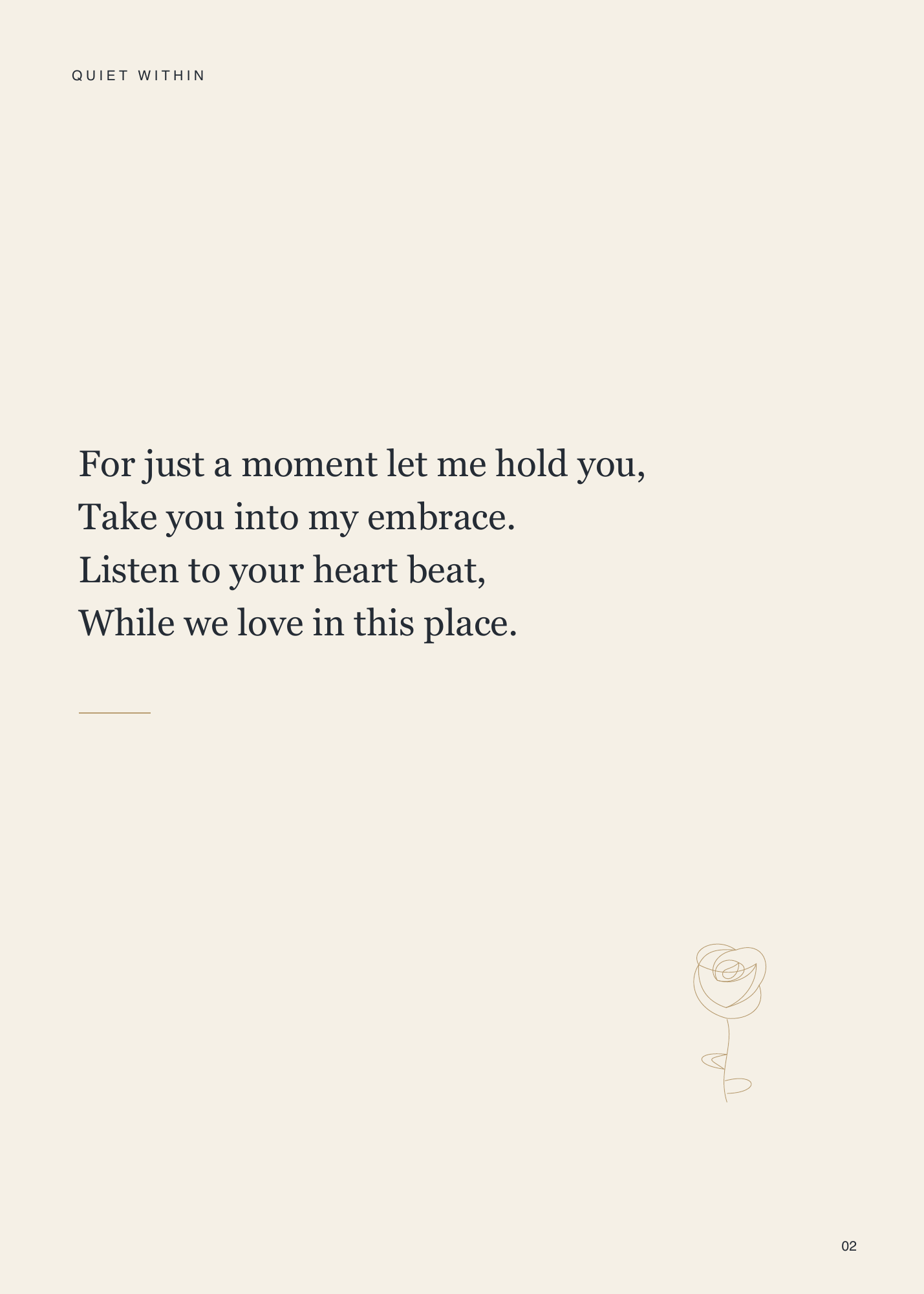 After Dark, page 2. An ivory page gives the opening poem space to breathe. Page text: QUIET WITHIN For just a moment let me hold you, Take you into my embrace. Listen to your heart beat, While we love in this place.