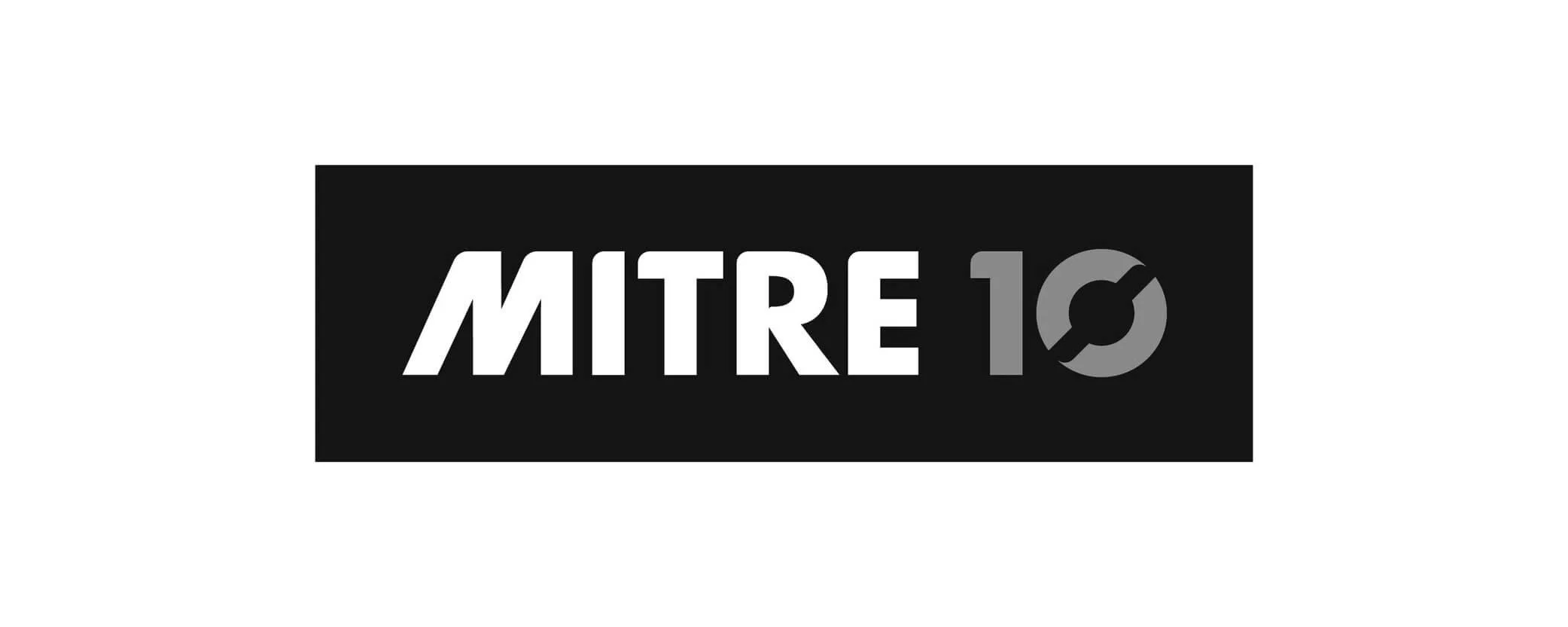 MITRE 10 logo white on a black box