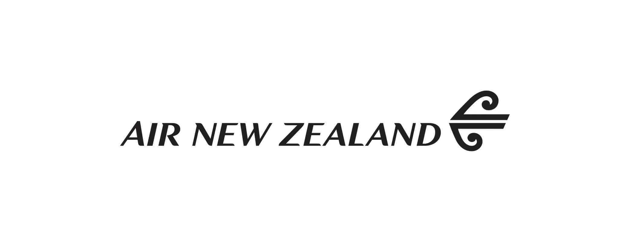 Air New Zealand logo in black with stylized black Koru symbol to the right.