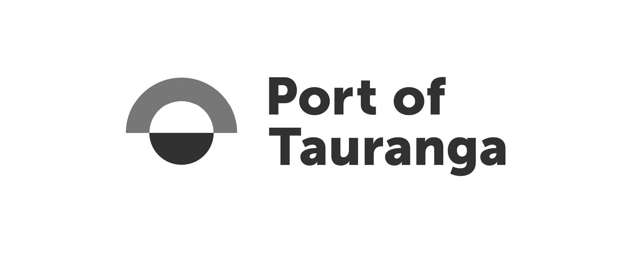 Logo of Port of Tauranga with a stylized semi-circle graphic and black text.