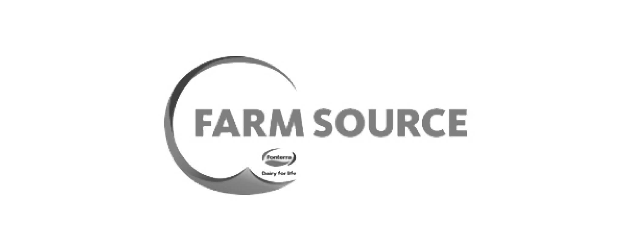 Farm Source logo in grayscale with the words 'Farm Source' next to a stylized circle.