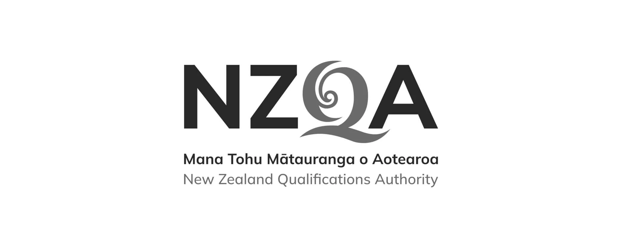 Logo of the New Zealand Qualifications Authority with the word NZQA and a stylized curling spiral in the letter Q, along with the Māori translation Mana Tohu Mātaranga o Aotearoa.