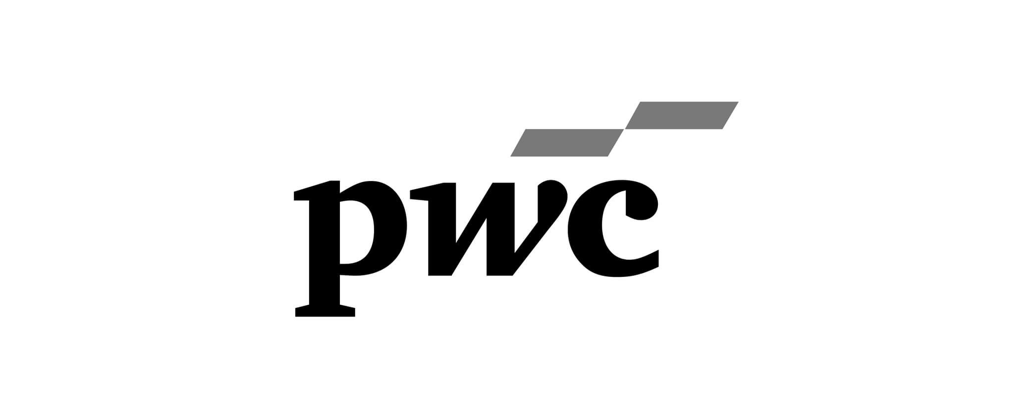 PWC logo with black text and two gray parallelogram shapes above the text.