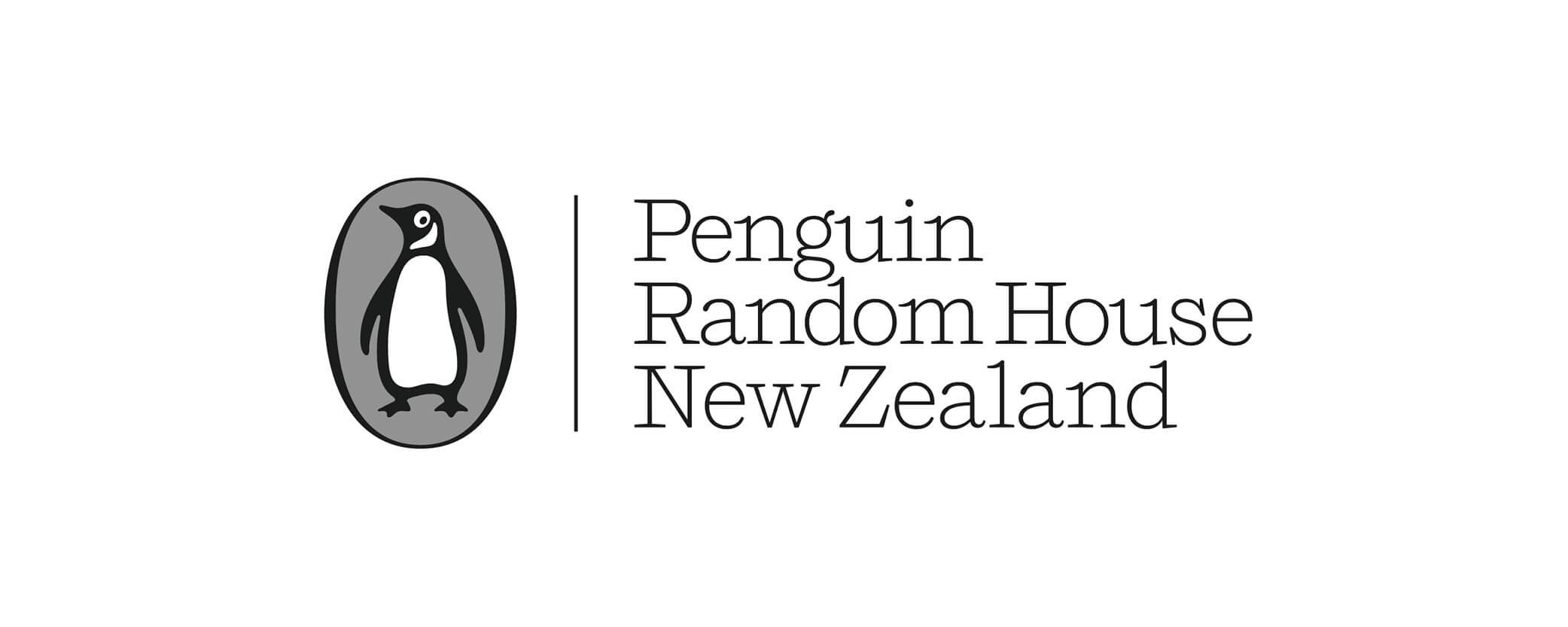 Logo for Penguin Random House New Zealand, featuring a stylized black and white penguin within an oval, and the company name written to the right.
