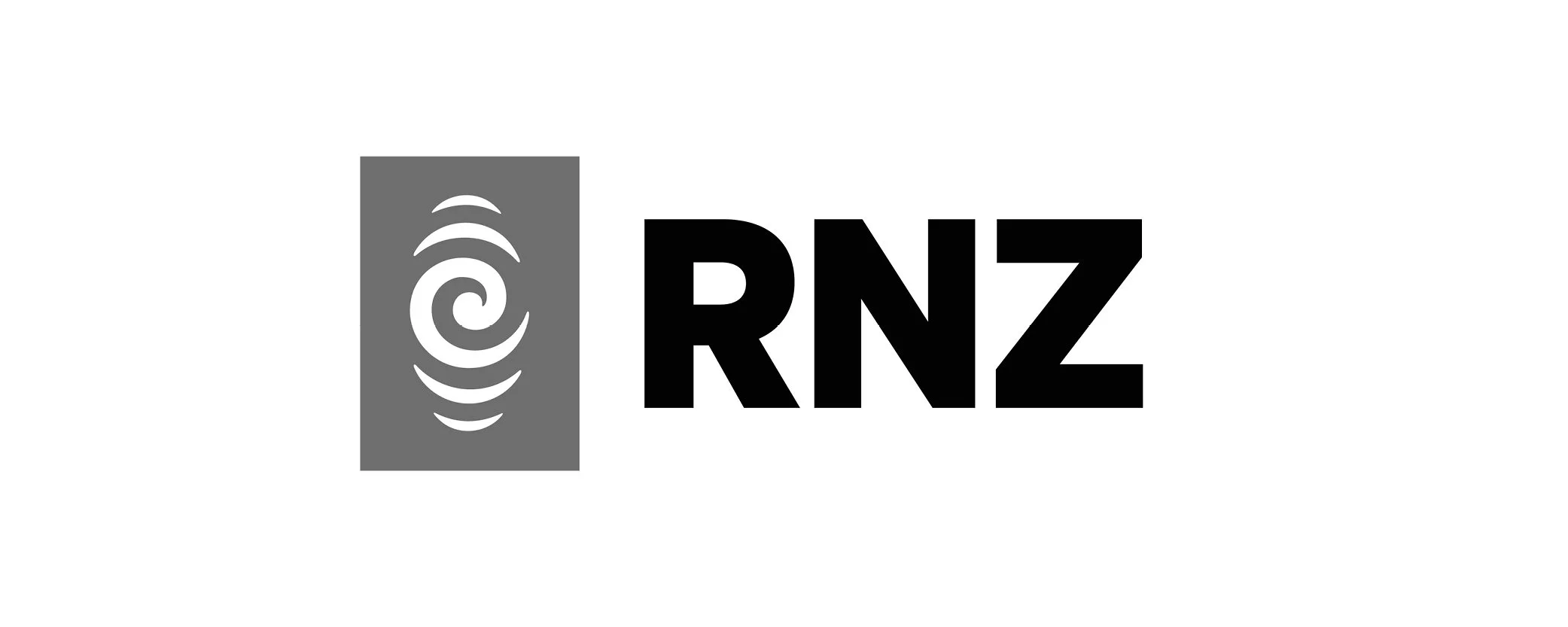 Logo with a gray square containing a white spiral radio wave symbol, next to bold black letters 'RNZ'.