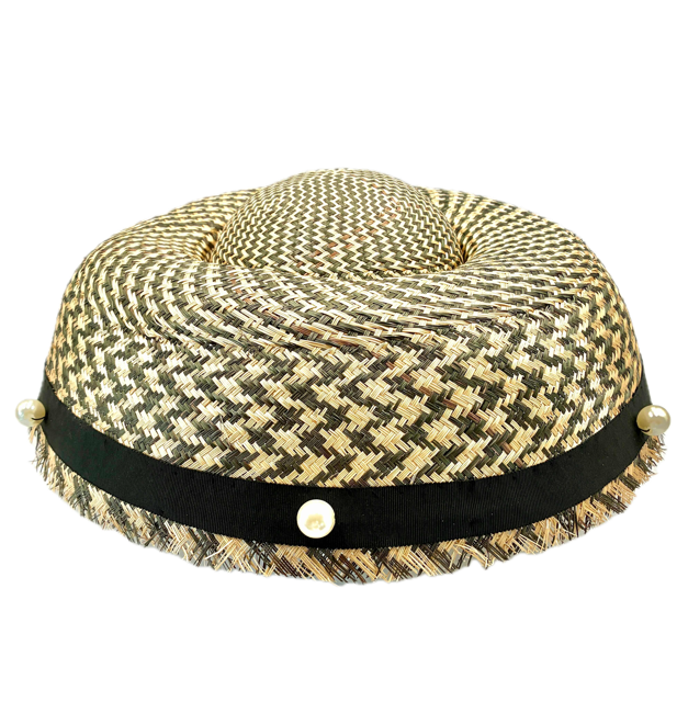 Black & Cream Herringbone Pattern Straw Mushroom Hat with Fringe, Ribbon and Pearls