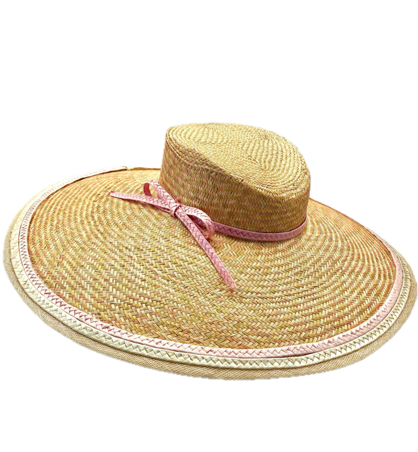 Large Brim Straw Hat in Pink, Green and Cream with Braid Detail