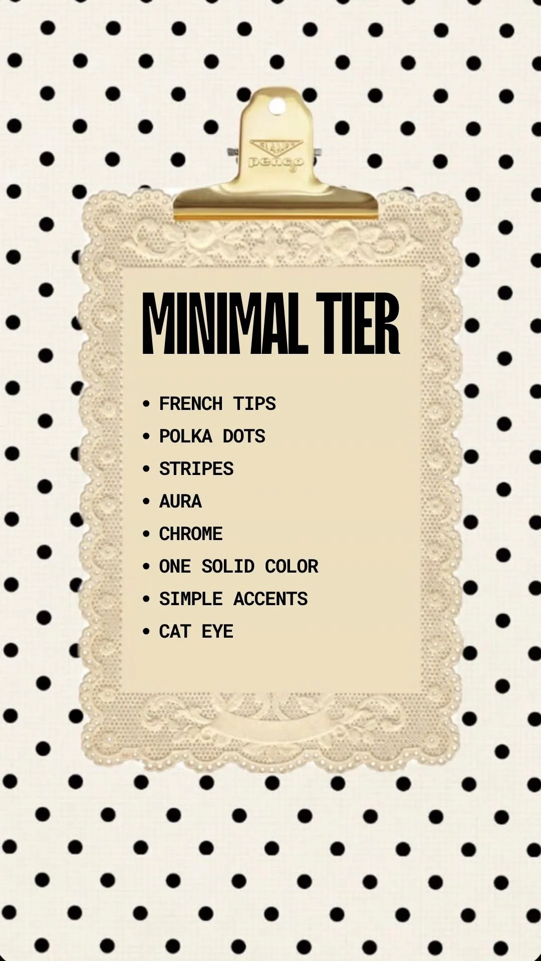 Fashion mood board titled "Minimal Tier" with a list including French tips, polka dots, stripes, aura, chrome, one solid color, simple accents, and cat eye, set against a polka dot background with a decorative clipboard.