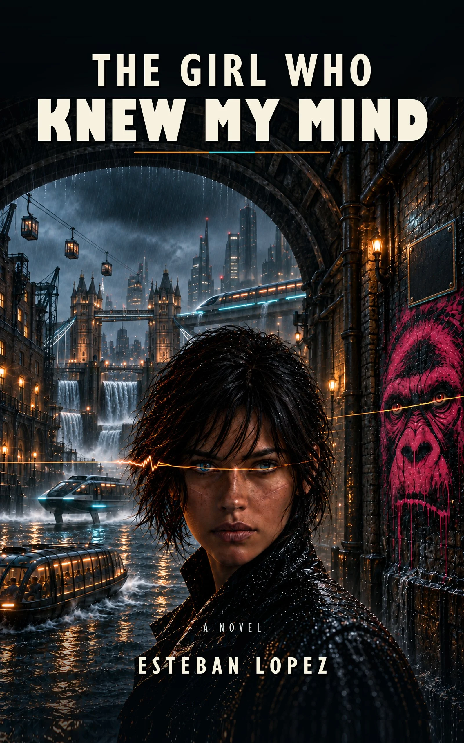Cover of The Girl Who Knew My Mind by Esteban Lopez: Kathy beneath a monumental arch, with trams, canal water and a pink gorilla mural in a futuristic city.
