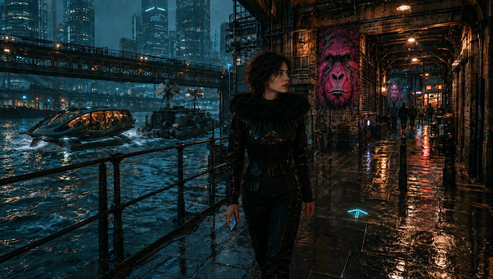 AI-assisted artwork of Kathy beside a rain-lit waterway, futuristic transport, immense towers and a pink gorilla mural.