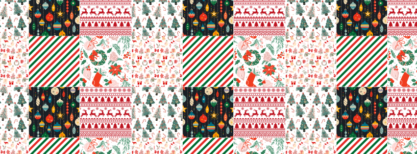 A pattern of festive Christmas-themed fabric designs, including decorated Christmas trees, ornaments, candy canes, reindeer, and snowflakes, arranged in a repeating sequence.