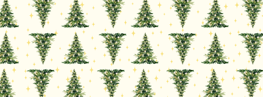 Pattern of green Christmas trees with gold stars on a white background.