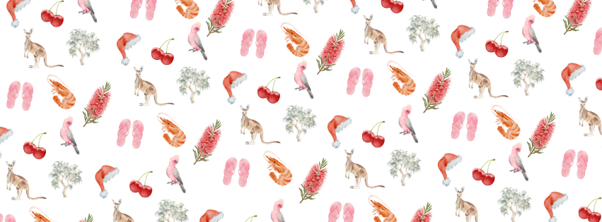 Pattern featuring kangaroos, pink flamingos, toucans, cherries, pink slippers, orange shrimp, pineapples, and small trees on a white background.