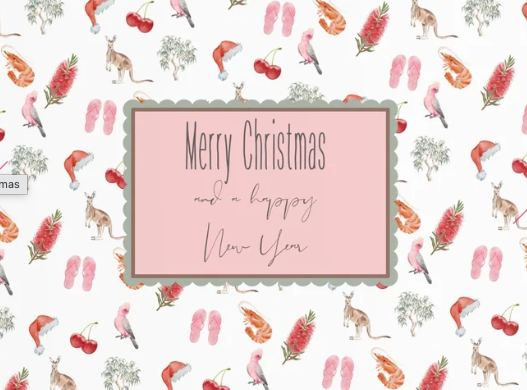 Holiday-themed gift card with pink background, featuring Christmas and New Year greetings, surrounded by Christmas elements like reindeer, cherries, shoes, and pine branches.