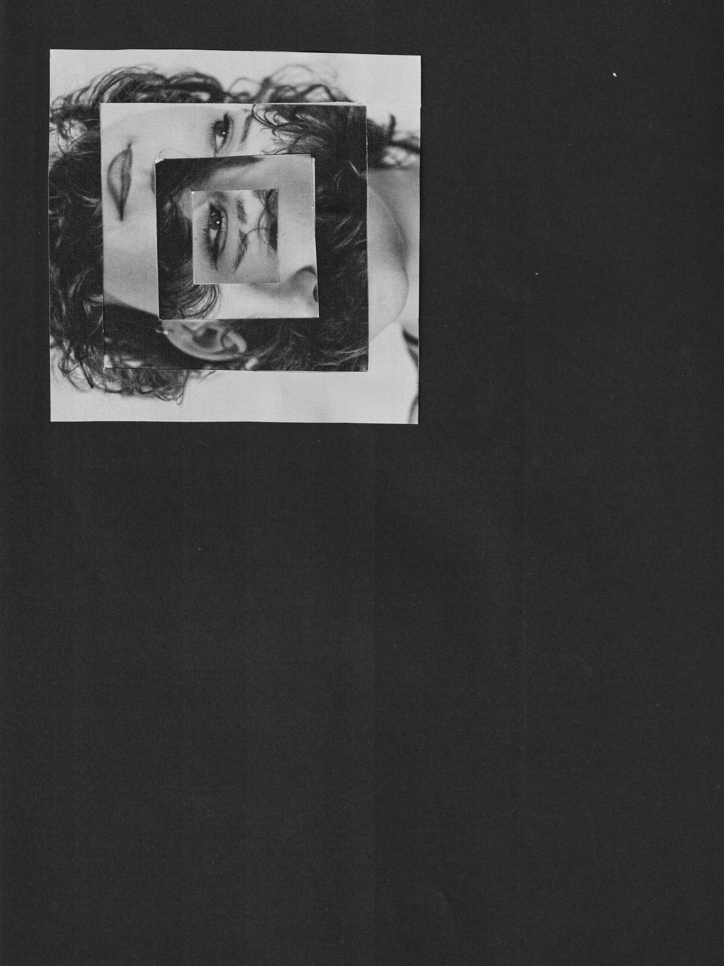 A black and white photograph of a woman with curly hair and makeup, featuring her eyes and lips, arranged in a spiral pattern, collaged for creative project.
